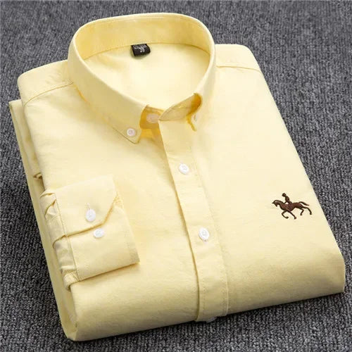 White men's long sleeve cotton oxford shirt with embroidered horse design, regular fit, fashion button closure, casual style by Showlu Fashion