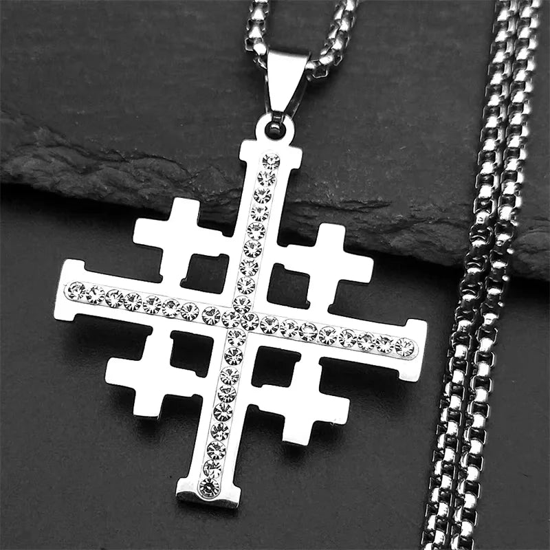 Stainless steel Jerusalem Cross necklace with Bible verse pendant, featuring detailed religious cross design on a chain.