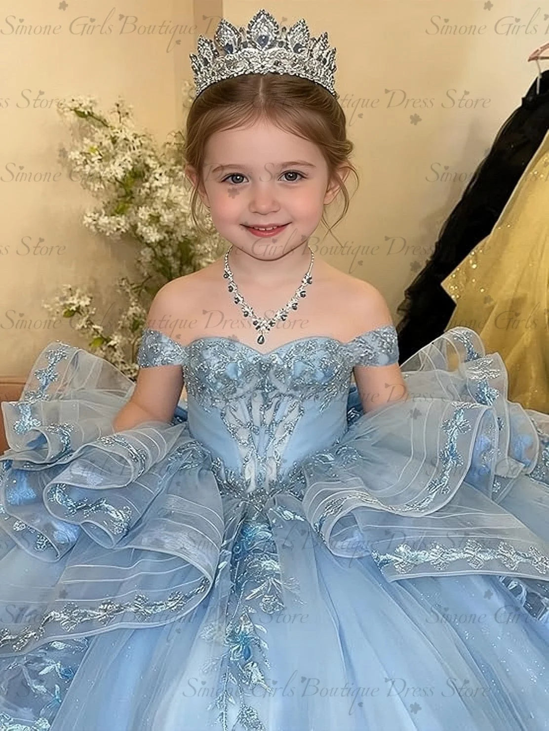 Princess Off Shoulder Flower Girl Dress for Wedding Kids Lace Appliqued Tulle Pageant Dress Customized Birthday Party Ball Gown