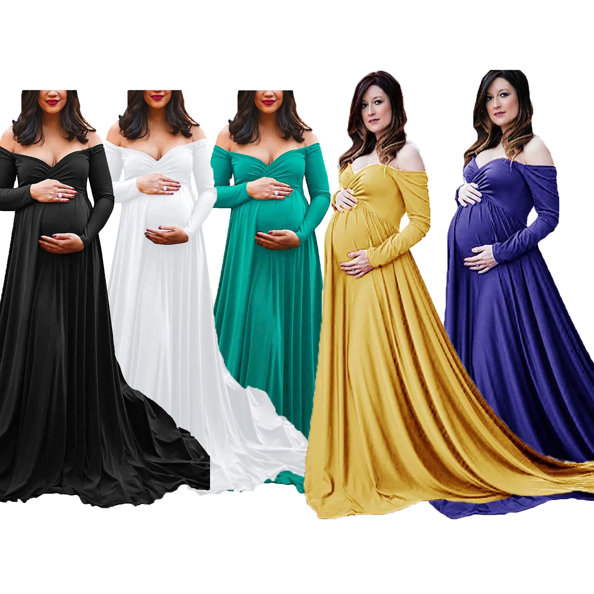 Elegant European and American women's maternity maxi dress with V-neck, silk-cotton blend, train, and flared design for photoshoots