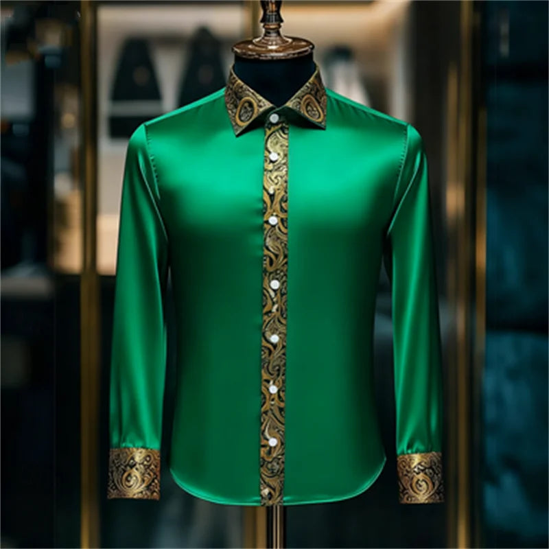 Men's luxury silk long-sleeved shirt featuring white and brown paisley print, slim fit, casual lapel from Showlu Fashion Store.