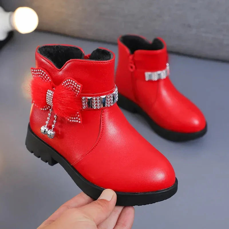 Girls' winter ankle boots by ROMSUNS, plush faux leather fashion shoes with cozy lining, stylish for cold weather.