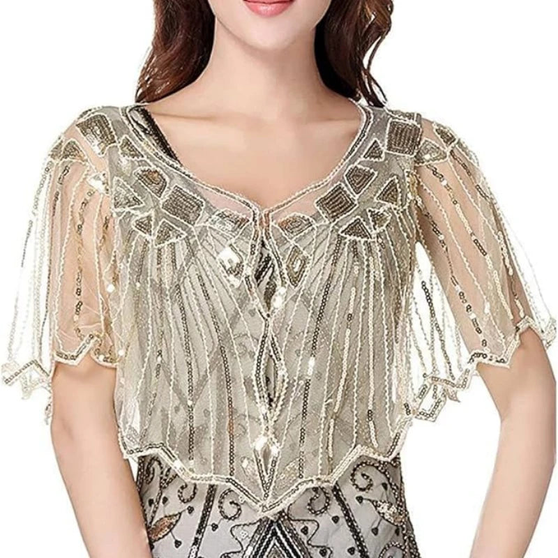 1920s retro beaded sequin flapper shawl, loose decorative outerwear, short cape for evening parties, ladies cloak by Showlu Fashion