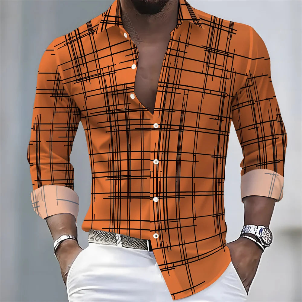 Men's long-sleeved striped shirt in spring/autumn colors, casual loose fit, European-American style, from Showlu Fashion.