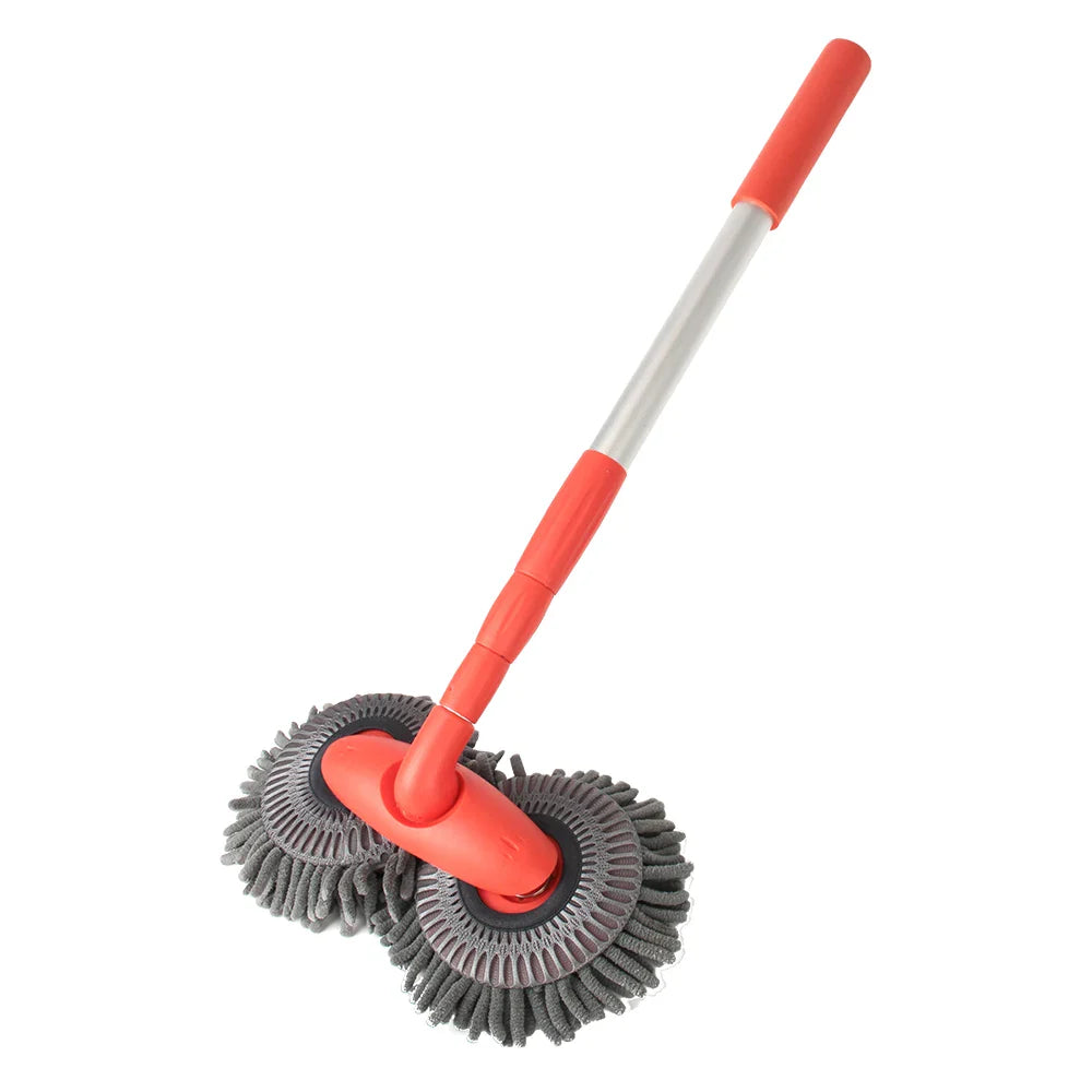 LEEPEE rotating double brush head car wash mop with telescopic handle and chenille cleaning head for easy vehicle cleaning.