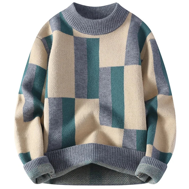 Men's autumn winter mock neck knit sweater with plaid pattern, casual loose fit, warm and stylish for youthful fashion.
