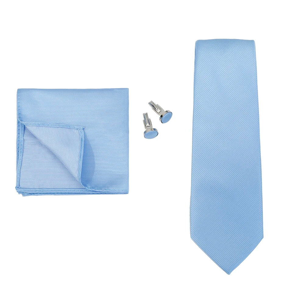 Men's solid color formal wedding necktie, woven jacquard tie with matching handkerchief and cufflinks for business suits.