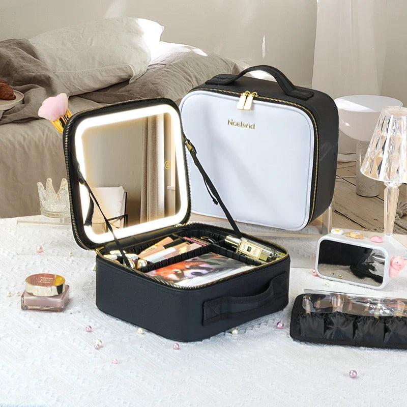 SHOWLU travel makeup bag with LED lighted mirror, PU leather toiletry case, stylish and functional for cosmetics storage.