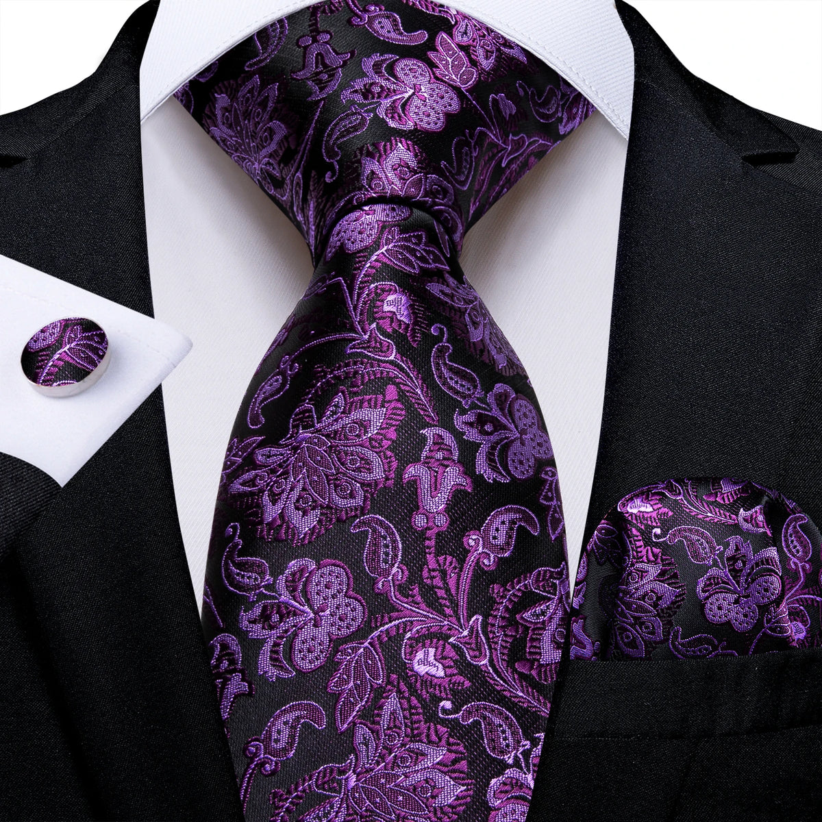 DiBanGu Ties For Men Purple Floral Paisley Necktie Business Formal 100% Silk Tie Pocket Square Set For Wedding Party Cravat