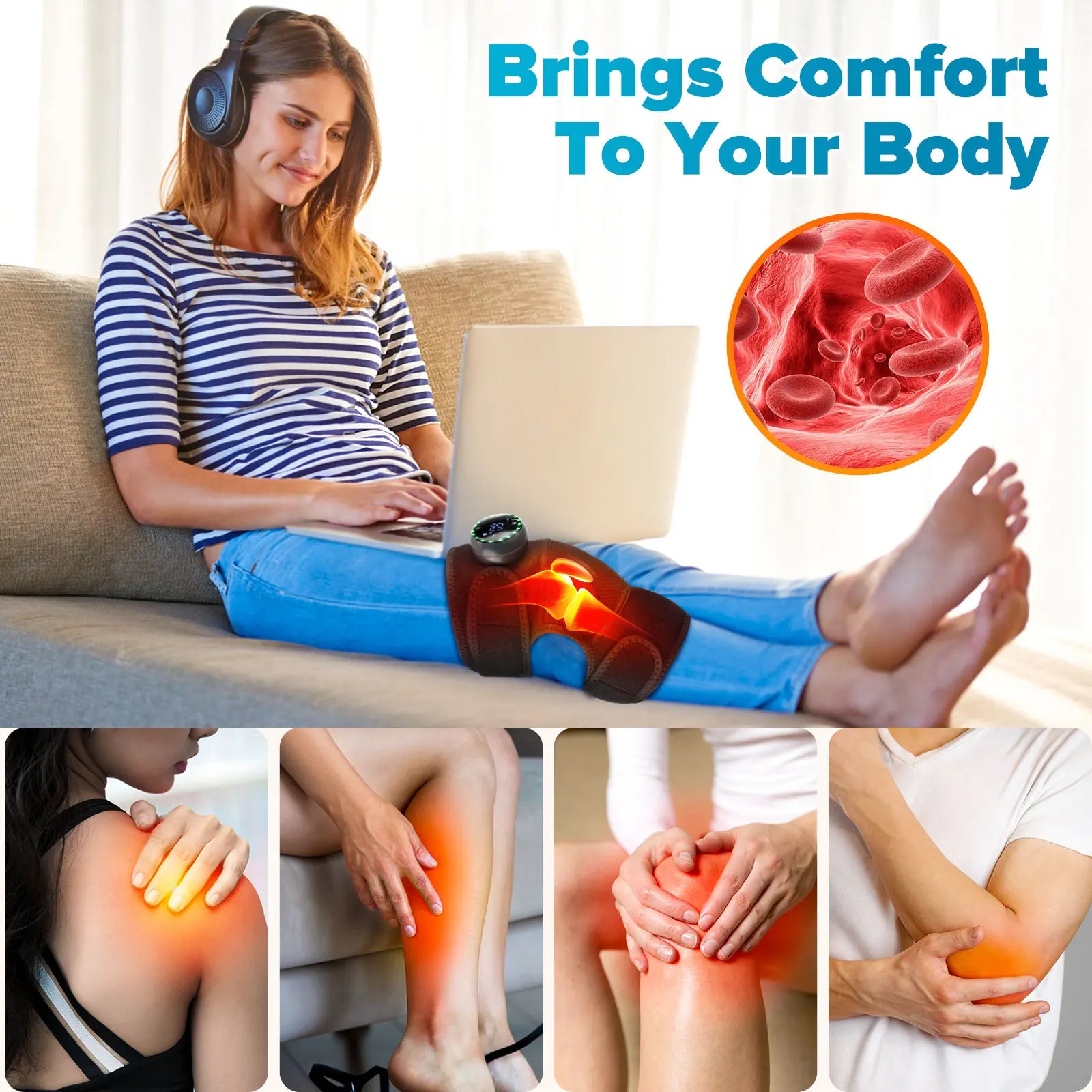Showlu Fashion Store heating massage knee pad with shoulder and elbow support, featuring vibration, hot compress, and muscle relaxation functions.