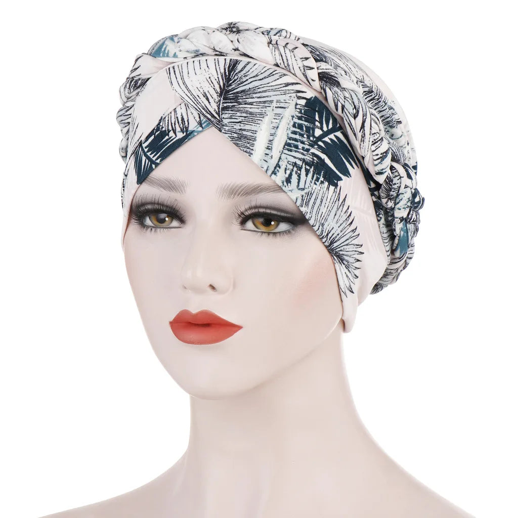 European and American print leopard hair milk silk scarf hat with flower accents, short braid design, suitable for women’s hijab and Muslim fashion
