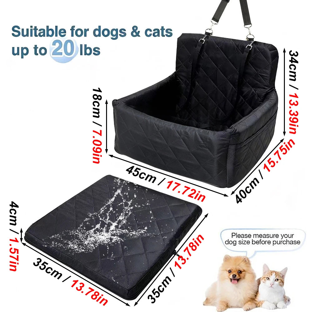 Portable dog car seat by Showlu Fashion Store, small medium pet car seat with washable cushion, safety belt, and storage pocket for travel.