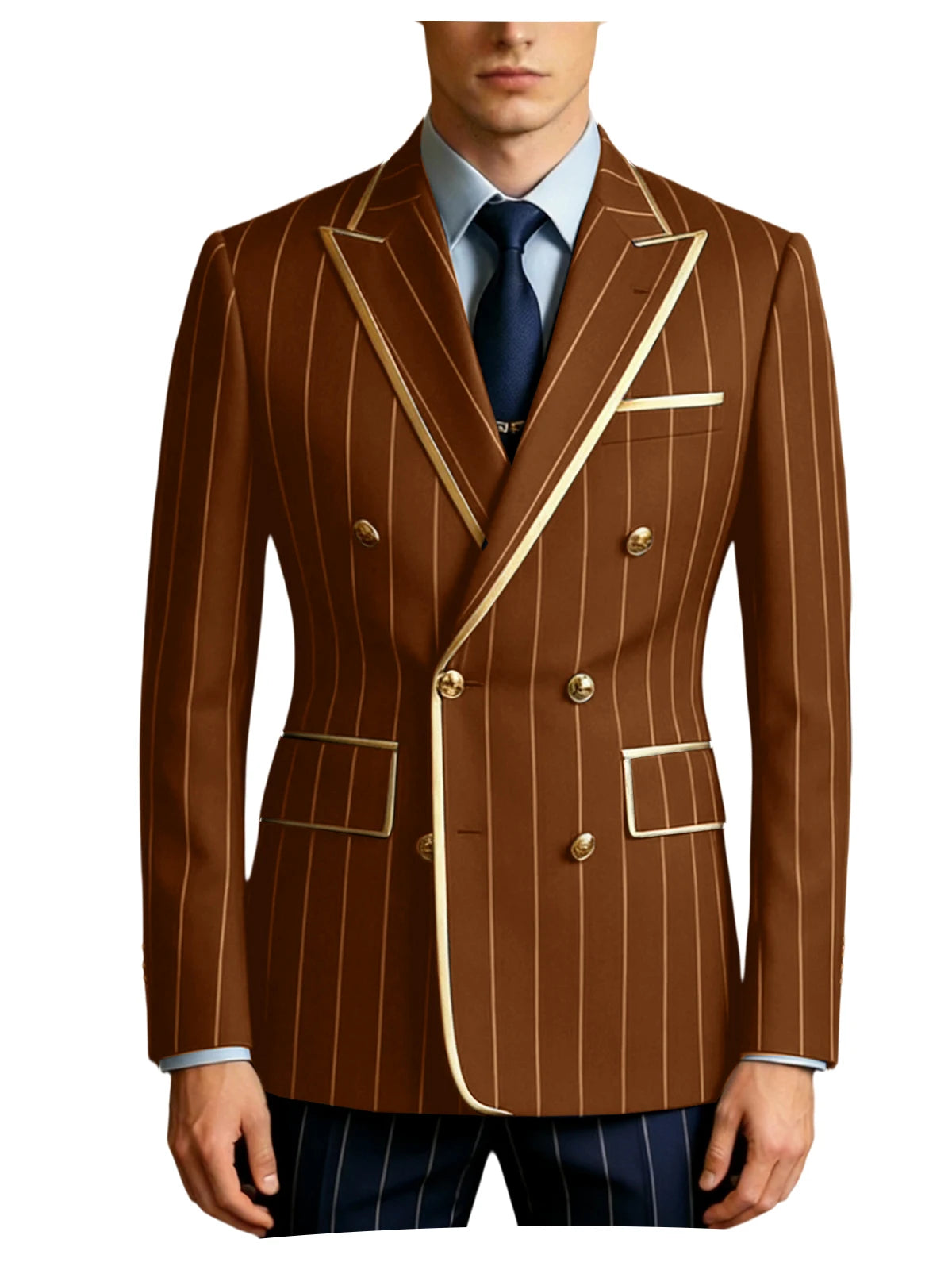 Men's Pinstripe Blazer Double Breasted Gold Trim Slim Fit Suit Jacket Peak Lapel Business Formal Tuxedo Coat for Wedding Prom