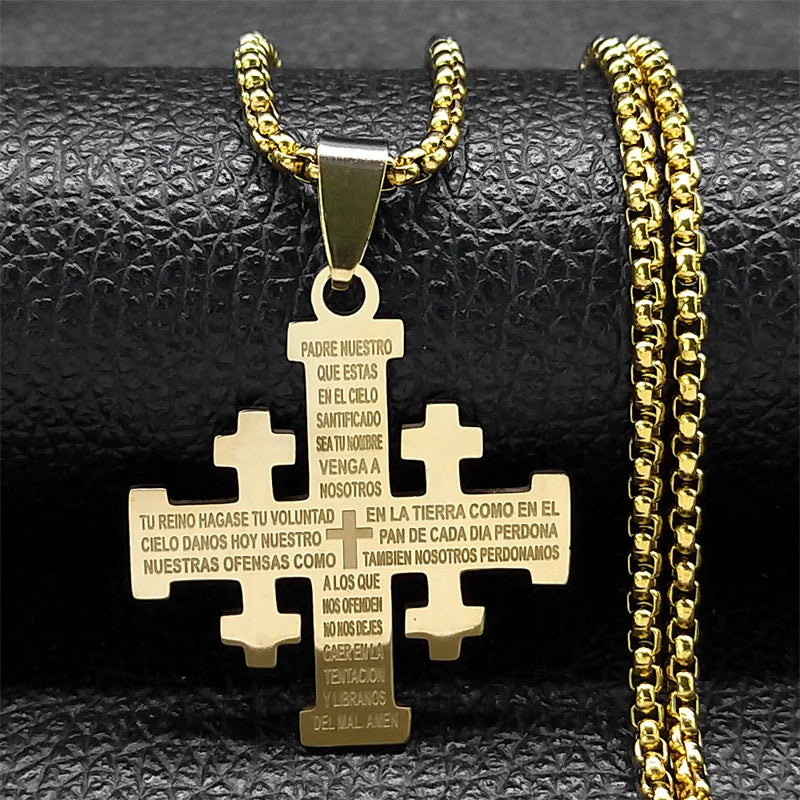 Stainless steel Jerusalem Cross necklace with Bible verse pendant, featuring intricate religious design and Showlu Fashion branding.