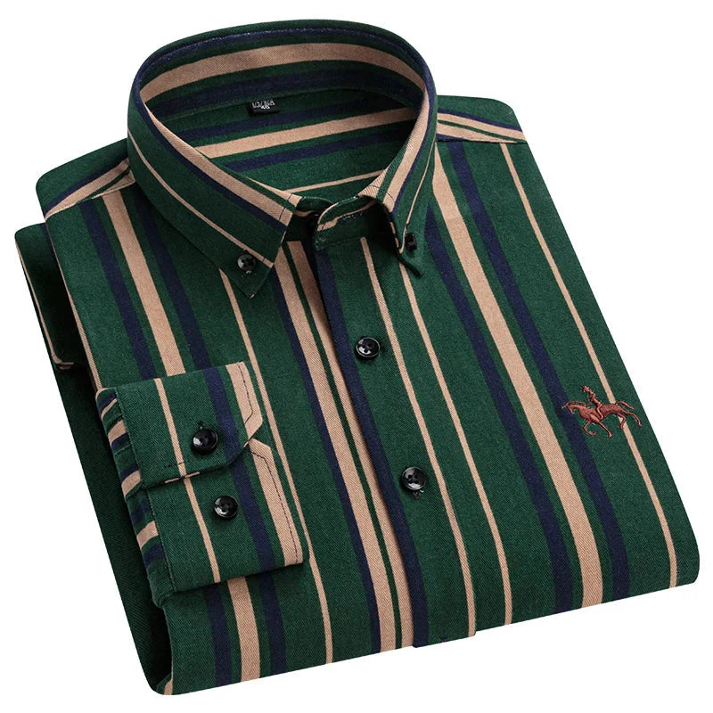 Men's slim fit casual shirt by Qi Xiu Cai, 100% cotton, long-sleeve, in size 6XL, shown in dark color with button-up front.