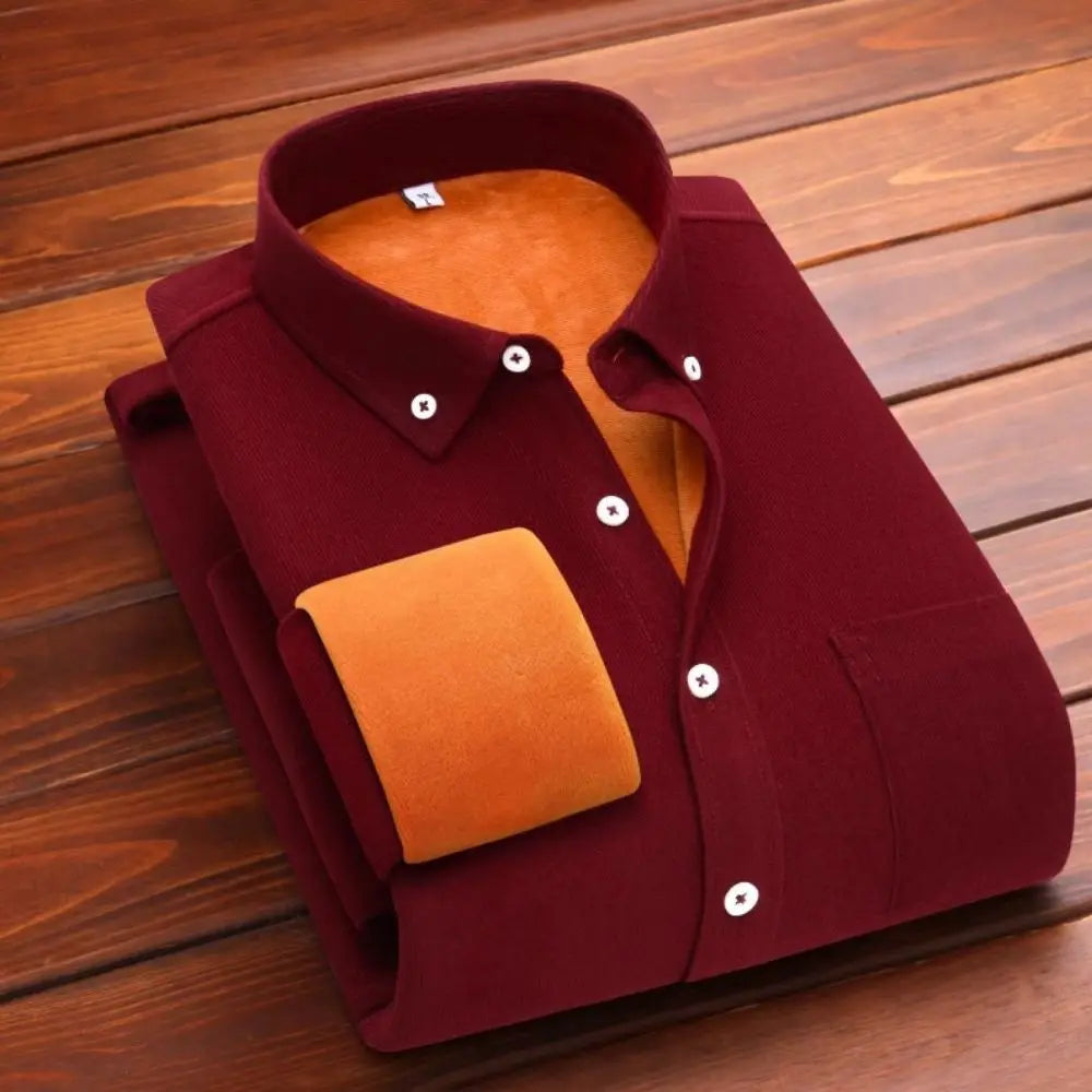 Men's winter corduroy thermal top by Showlu Fashion, casual loose fit long-sleeve with collar, pure color, warm inner wear.