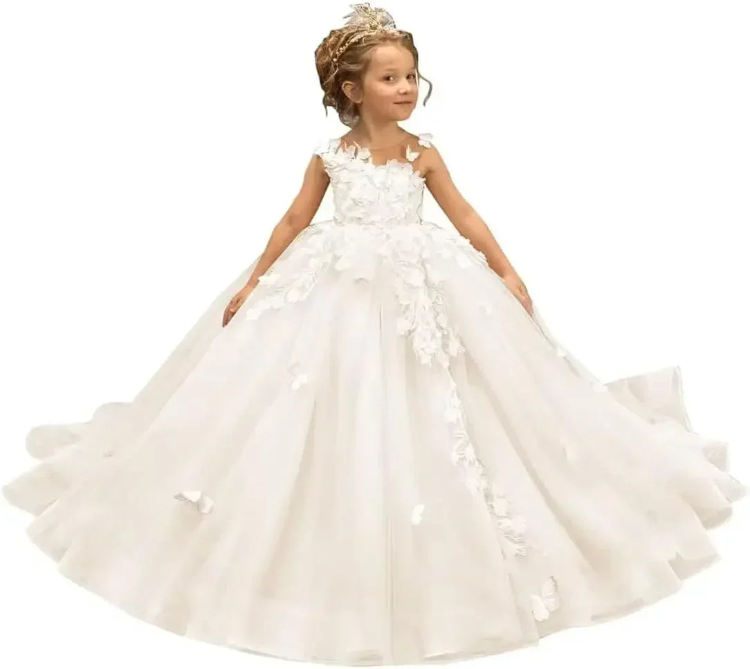 Showlu Fashion Kingbridal 3D Butterfly Flower Girl Dress with tulle and lace, ball gown style for pageants and special occasions.
