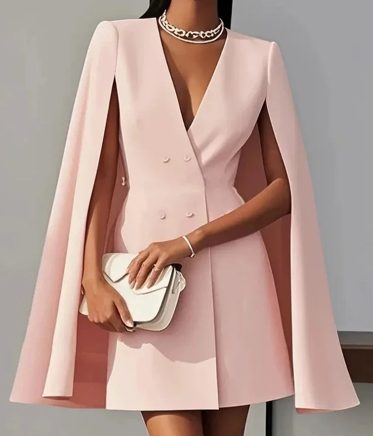 Solid color Boxdaq Women's V-neck double-breasted shawl cape mini dress, stylish and elegant for special occasions.