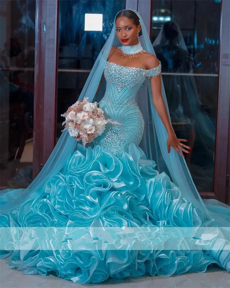 Blue mermaid evening gown by SHOWLU FASHION STORE, off-shoulder satin prom dress with a fitted silhouette and elegant design.