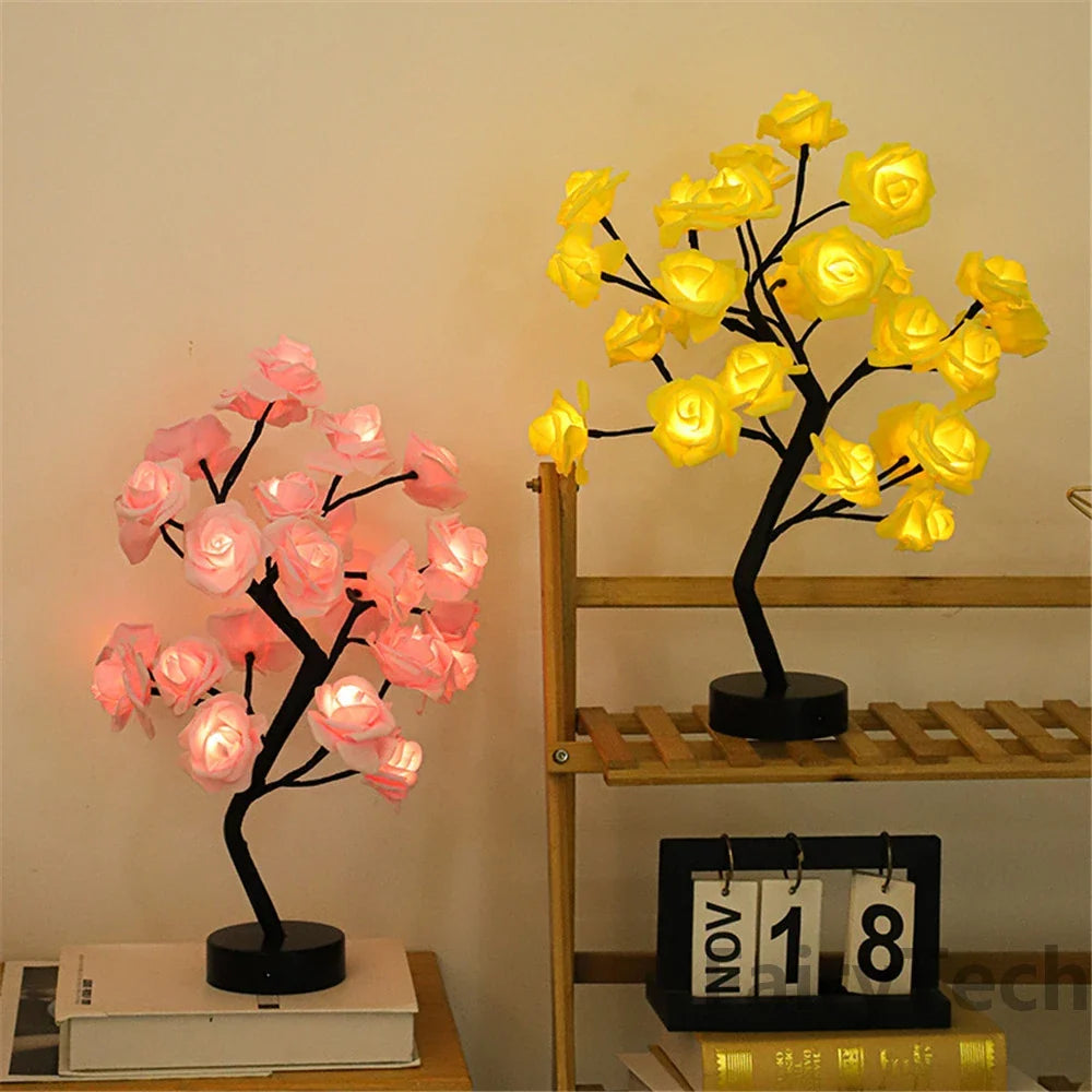 SHOWLU LED Rose Flower Table Lamp with stainless steel base, fairy night light, decorative floral design, ideal for home decor.