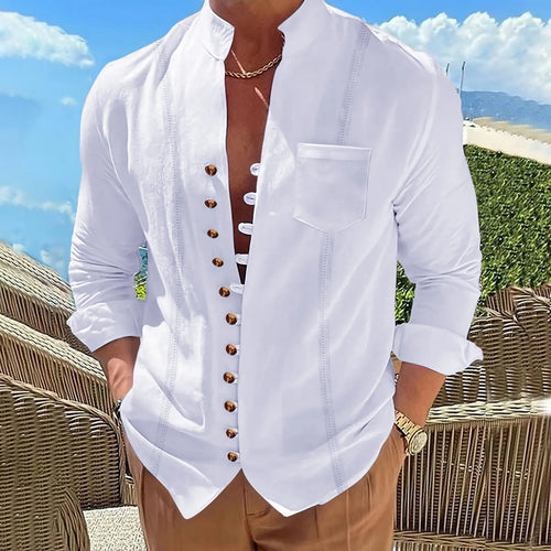 Men's cotton and linen long-sleeve shirt with stand-up collar, solid color, striped cardigan, casual retro style by Showlu Fashion