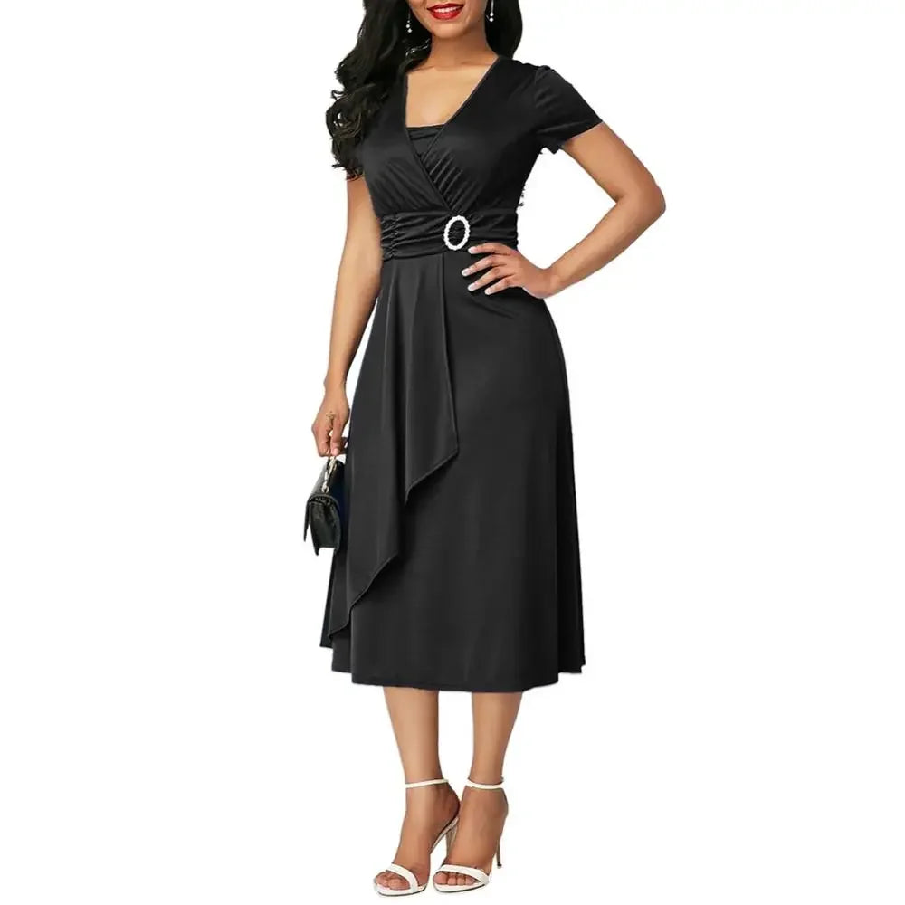 Liva Girl women's V-neck short sleeve summer party dress in an elegant A-line style, shown in soft fabric with a flattering fit