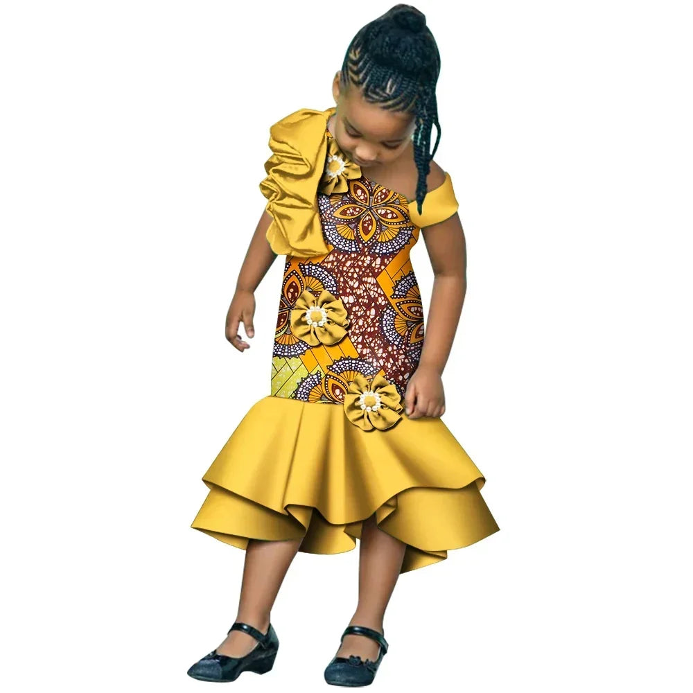 Girls African print dashiki mermaid dress in cotton, featuring vibrant patterns and a flowing party gown style from SHOWLU FASHION STORE.