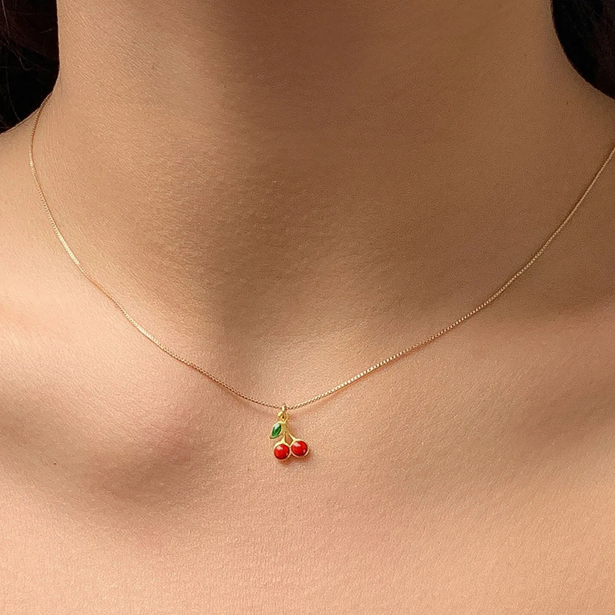 Gold-colored boho clavicle necklace with cherry pendant, romantic jewelry for women, stylish gift, Showlu Fashion.