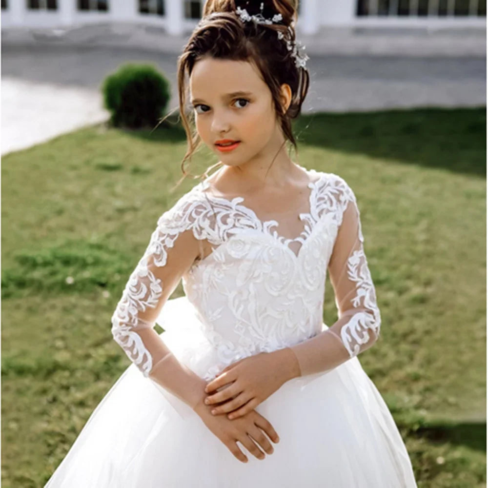 Vintage lace flower girl dress by Showlu Fashion Store, floor-length wedding pageant gown with delicate floral details.
