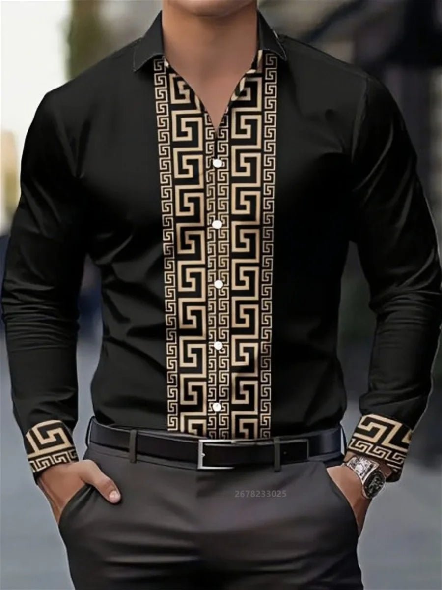 Men's long-sleeved patterned shirt with lapel buttons, stylish casual top by Showlu Fashion Store, comfortable and versatile.