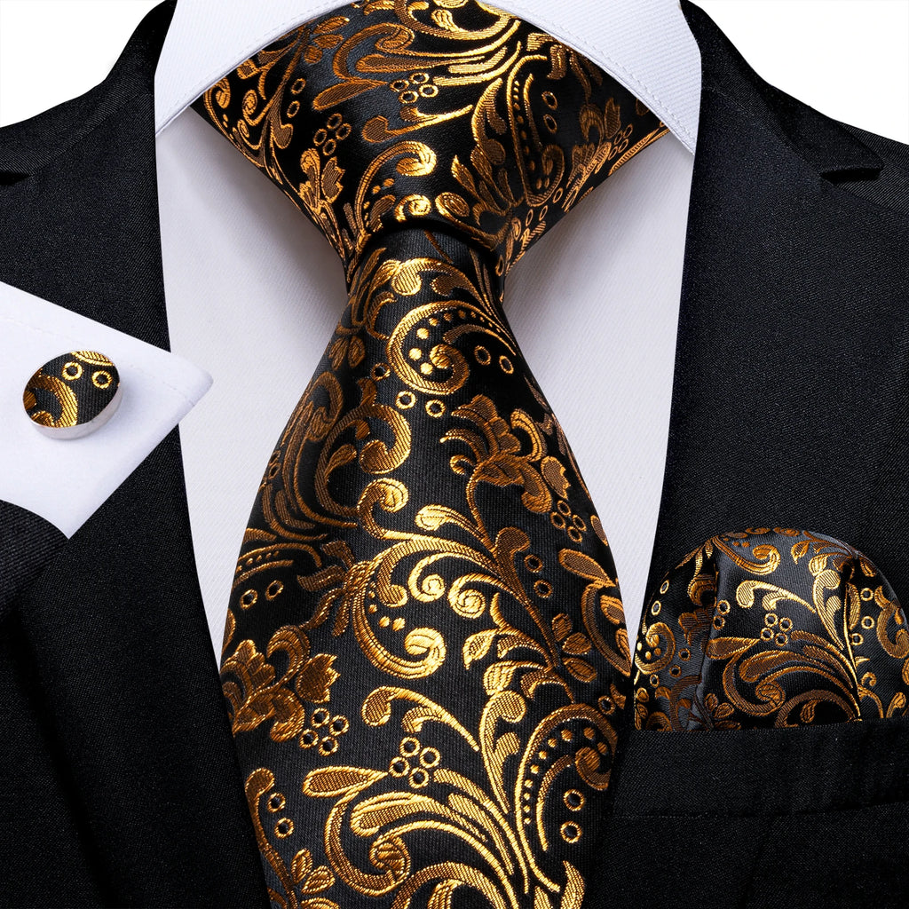 Gift Men Tie Luxury Gold Black Striped Paisley Silk Wedding Tie For Men DiBanGu Designer Hanky Cufflinks Fashion Tie Set