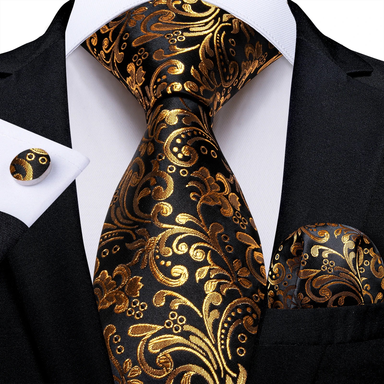 Gift Men Tie Luxury Gold Black Striped Paisley Silk Wedding Tie For Men DiBanGu Designer Hanky Cufflinks Fashion Tie Set