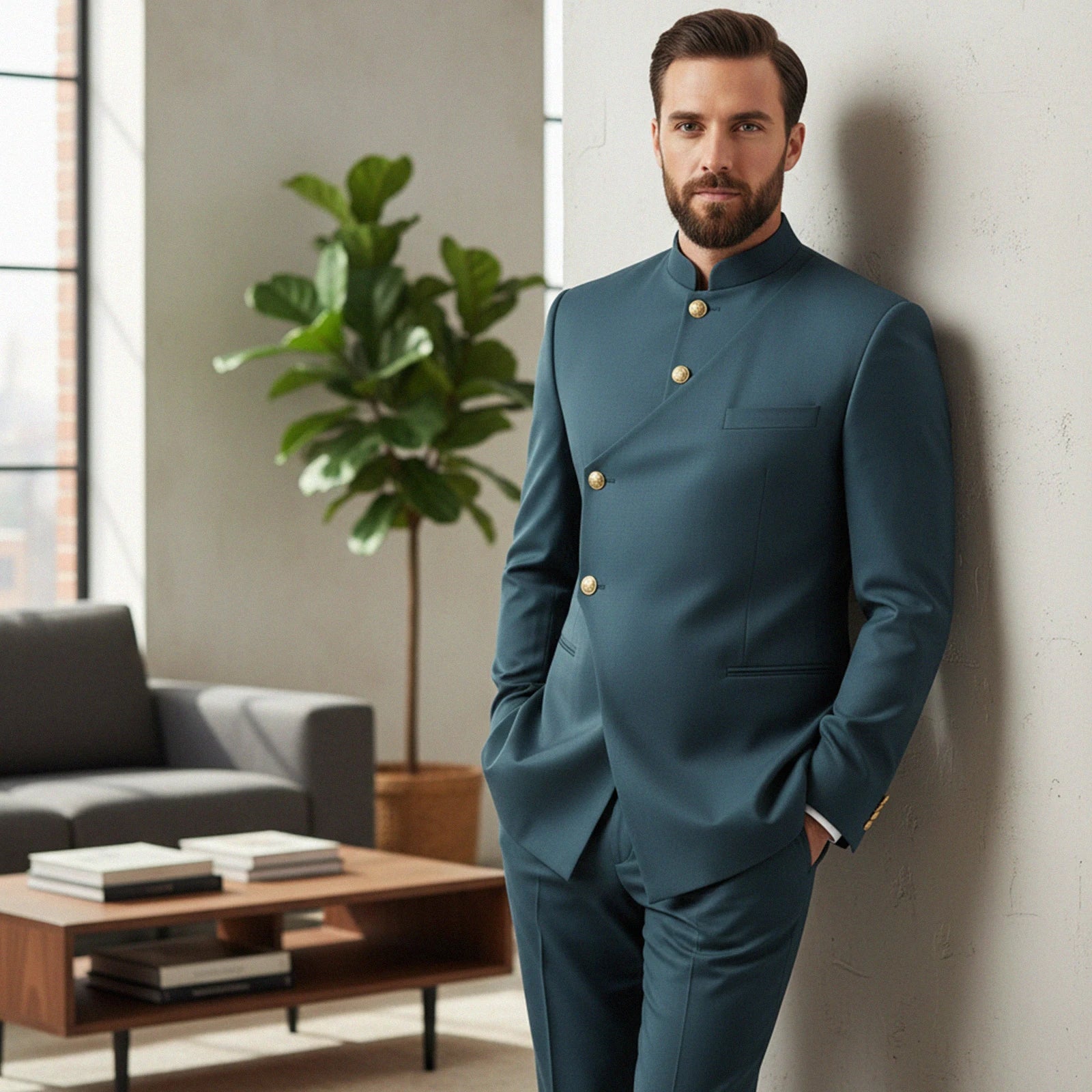 Chinese Suit Men 2 Piece Tunic Suits Slim Fit Safari Suits for Men Mandarin Collar Suit Blazer Pants Set