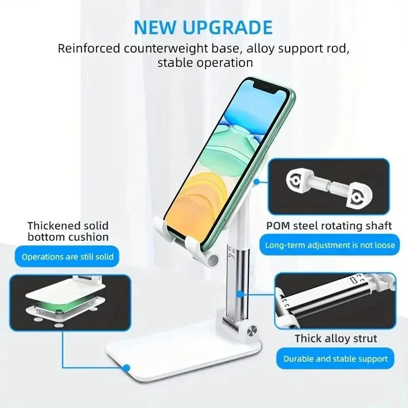 Flexible foldable mobile phone holder stand for smartphones, adjustable desktop mount, supports all phones, ideal for hands-free use.