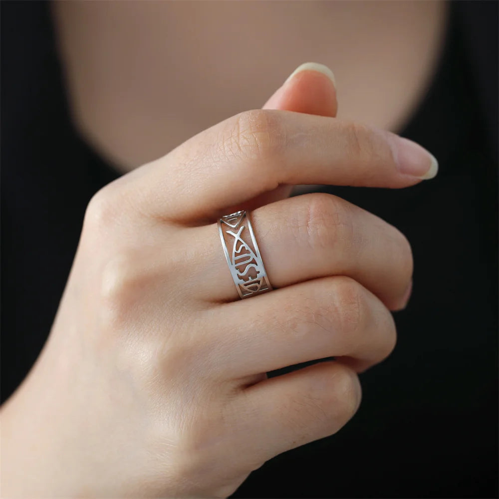 Stainless steel My Shape Jesus Fish ring featuring Christian religious symbol, stylish jewelry accessory with intricate design.