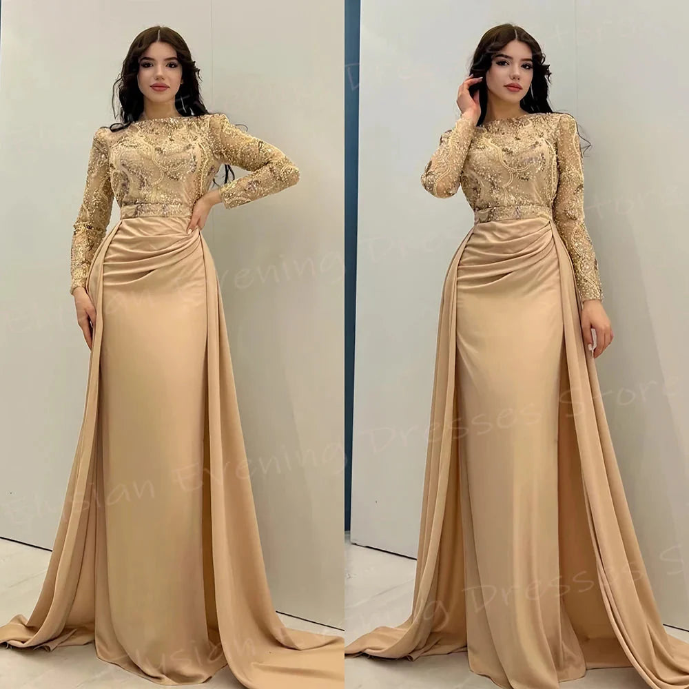 Beaded mermaid evening dress for women with long sleeves by Showlu Fashion, featuring intricate beadwork and a fitted silhouette.