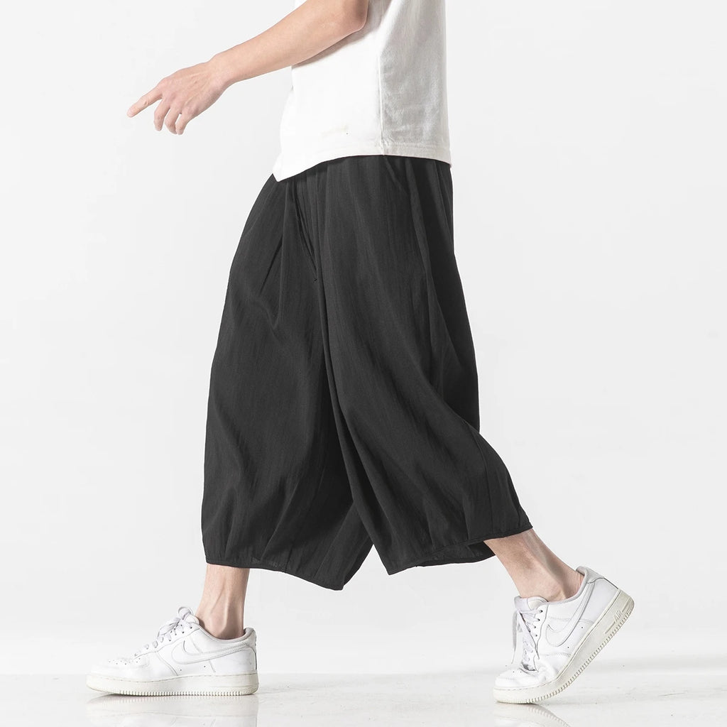 New Summer Men’s Calf-Length Pants Loose Harem Pants Men Solid Color Elastic Waist Casual Trousers Jogger Hip Hop Streetwear Man