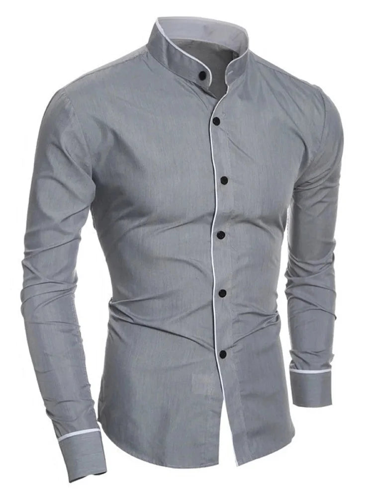 Men's slim fit white long sleeve social shirt by Showlu Fashion, soft fabric, business casual menswear, available in XS to 6XL.