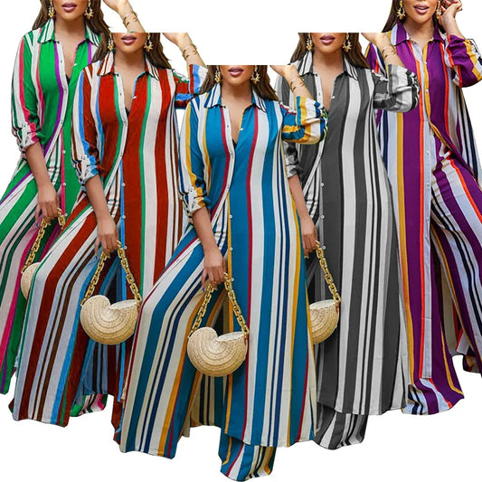 Autumn Spring African Women Long Sleeve V-neck Polyester 2 Piece Top Long Pant Matching Sets XL-5XL African Clothes Women