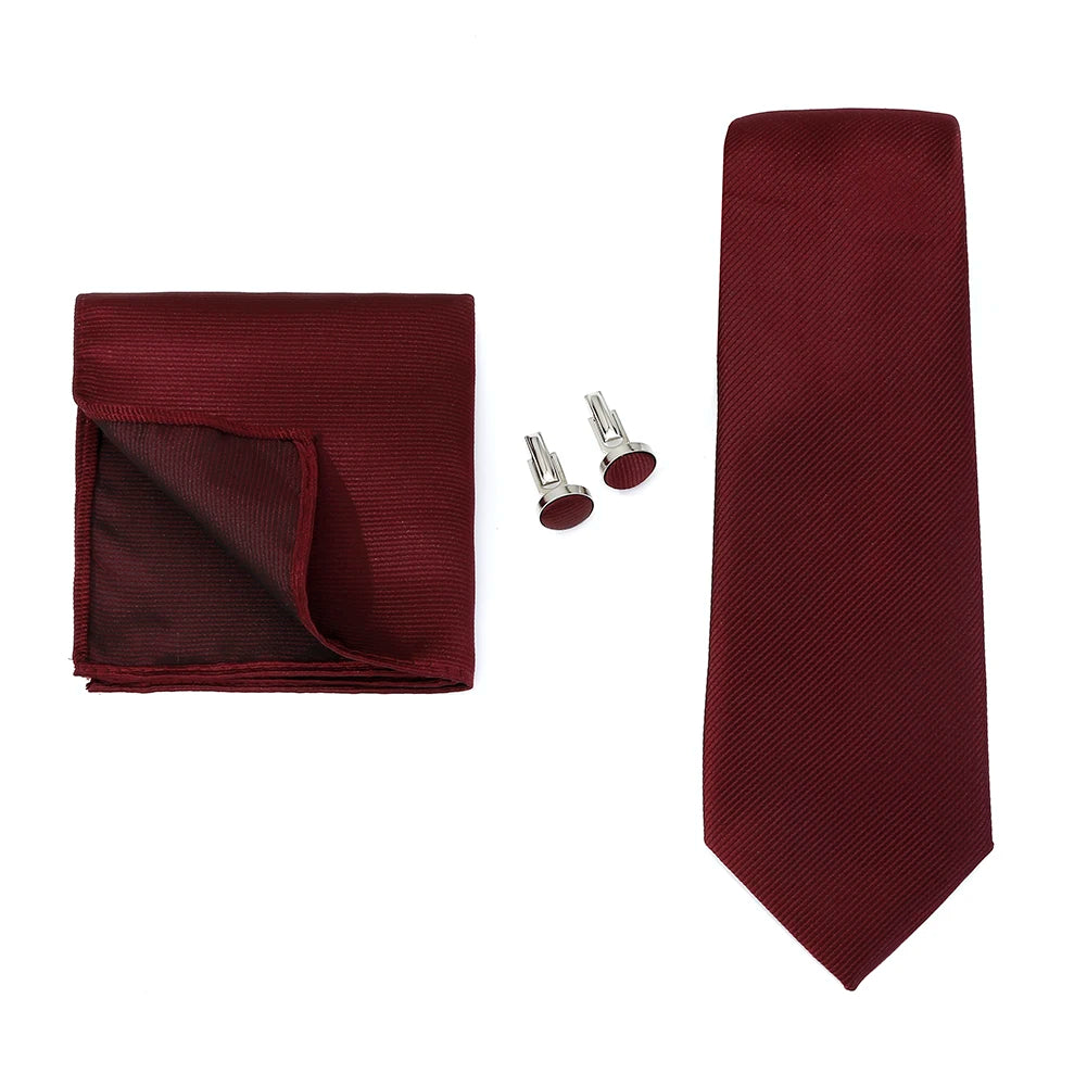 Men's solid color formal wedding tie, jacquard woven, with matching handkerchief and cufflinks, suitable for business and special occasions.