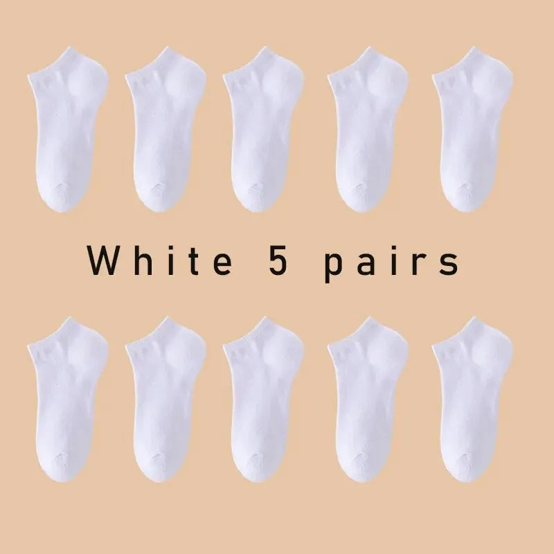 Set of 5 pairs of Showlu Fashion low cut boat socks for women and men, breathable, slip-resistant, no-show ankle socks in solid colors.
