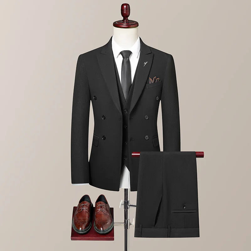 SHOWLU Men's slim fit double-breasted 3-piece wedding suit set, featuring a tailored jacket, vest, and matching trousers.