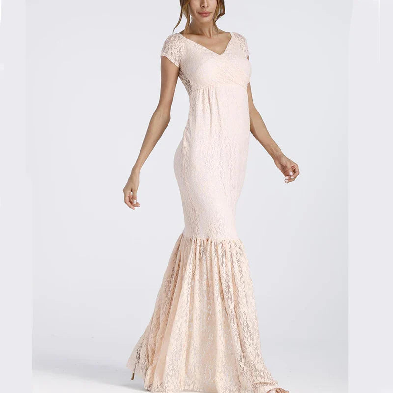 Elegant white mermaid lace maternity photography gown with long sleeves, designed by SHOWLU FASHION STORE.