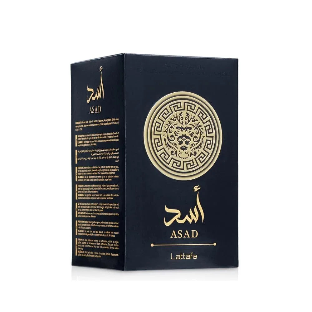 Lattafa Asad Black Edition unisex floral Eau De Parfum bottle, 3.4 oz, with sleek black and gold packaging.