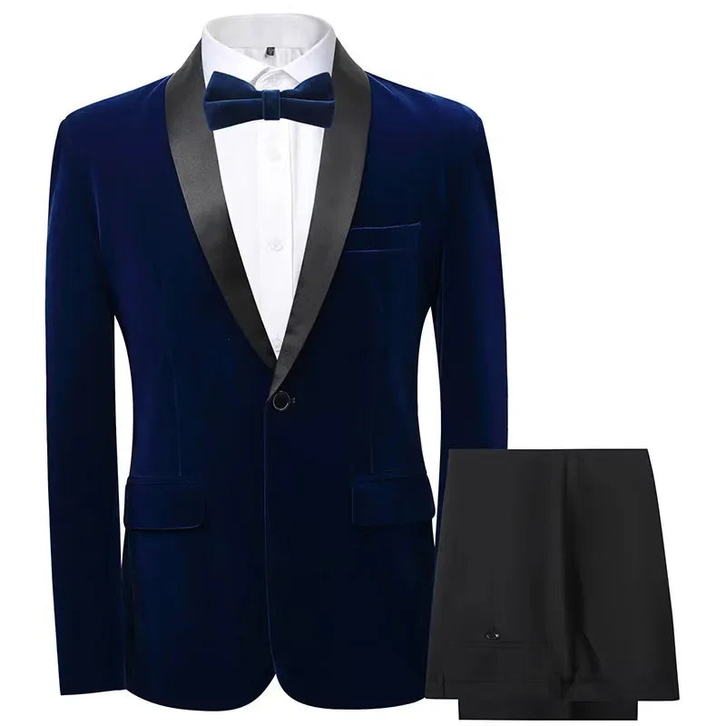 Men's velvet slim fit tuxedo suit set by Showlu Fashion, featuring a stylish 2-piece design with a tailored fit and elegant details.