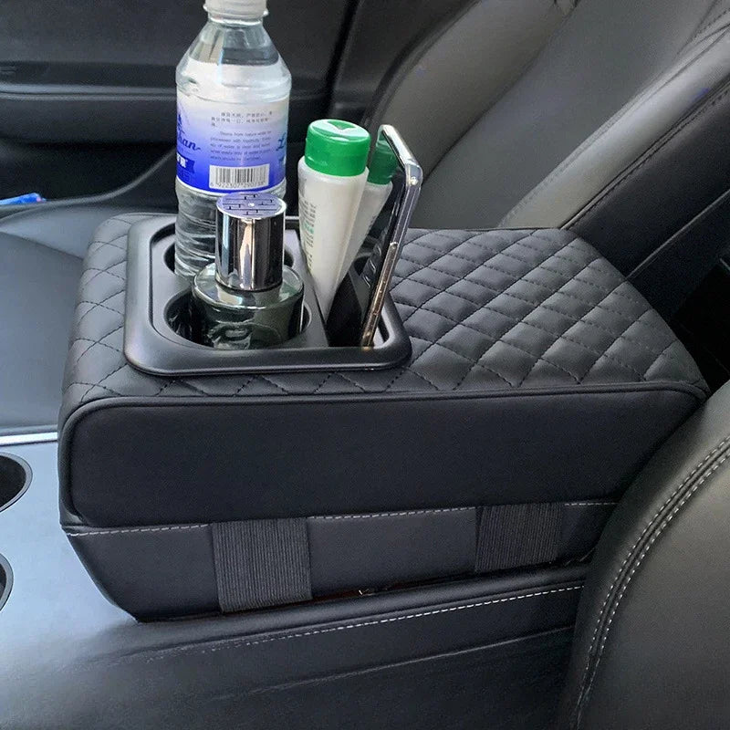 Showlu PU leather car center console armrest cushion with built-in cup holders, designed for comfort and convenience.