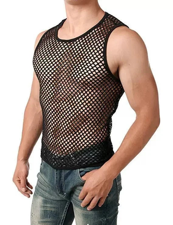 Plus size sleeveless black fishnet tank top by Showlu Fashion, stylish summer fitness shirt with fish tulle net design for men.