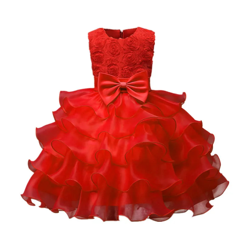 Flower girl dress for wedding and special occasions, baby girl party dress in white with floral details, for ages 2-8 years.