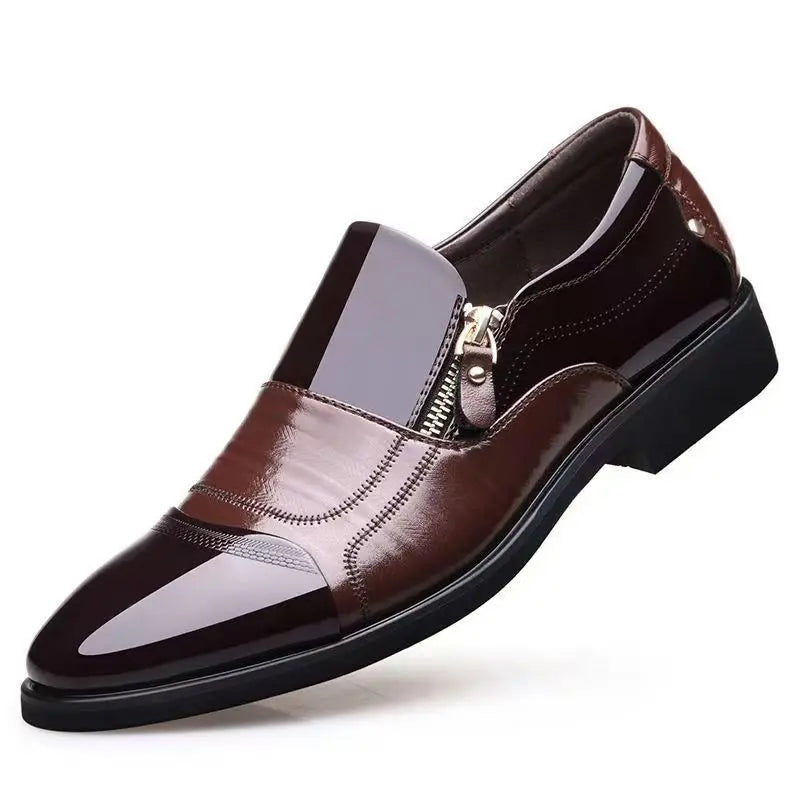Men's black leather dress shoes by Showlu Fashion Store, waterproof pointed toe business flats with sleek, polished design.