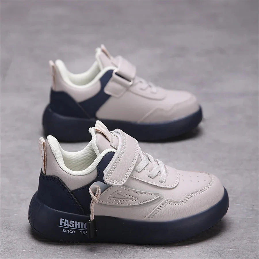 Kids white leather sneakers by SHOWLU FASHION STORE, breathable unisex casual sports shoes with comfortable design.